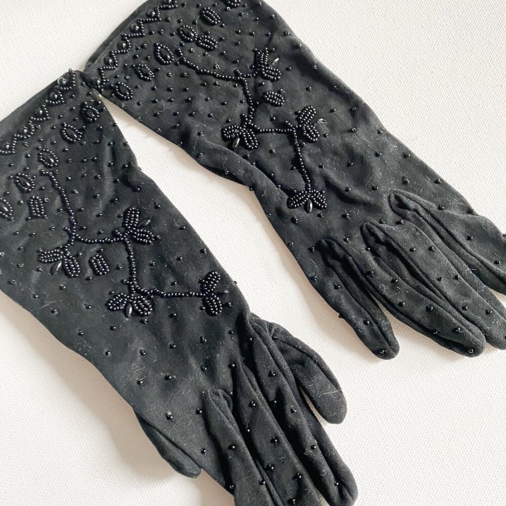 Vintage Black Stretchy Beaded Black Wrist Gloves Fine Quality 7 NEW Unused - Picture 2 of 6
